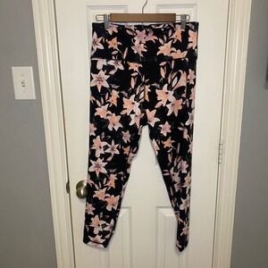 Victorias Secret Floral Lily Leggings Black Peach High Waist Yoga Pants‎ Size 16
